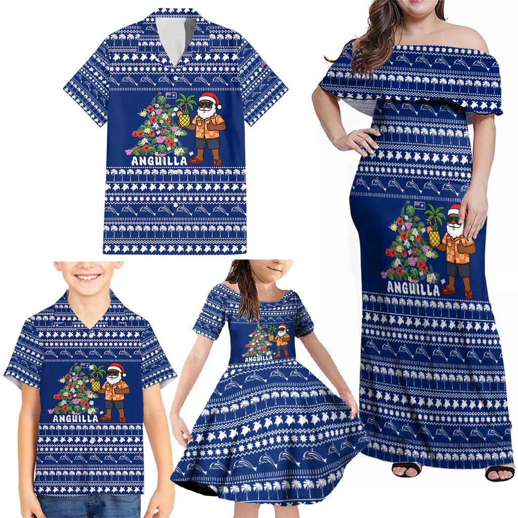 Anguilla Christmas Family Matching Off Shoulder Maxi Dress and Hawaiian Shirt with Santa Pineapple Floral Tree Island Crest and Tropical Pattern Design - Wonder Print Shop