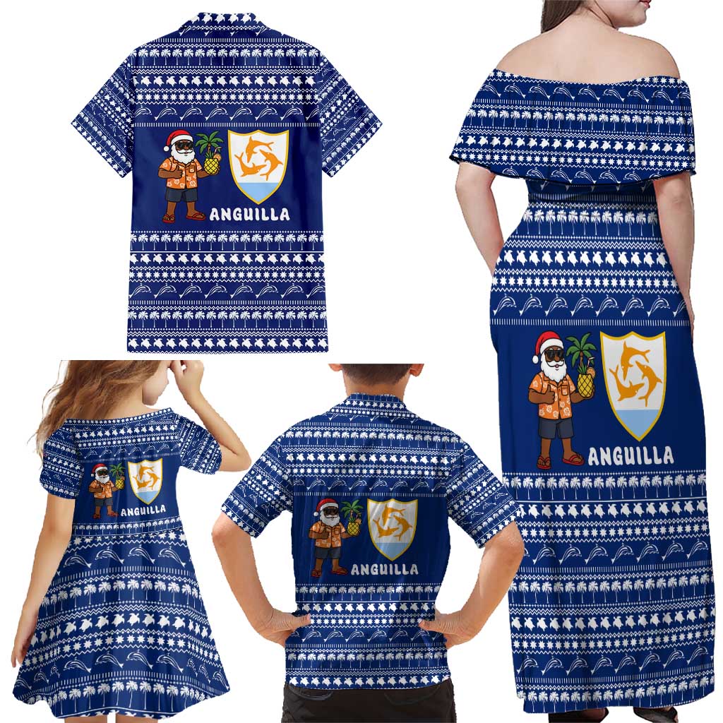 Anguilla Christmas Family Matching Off Shoulder Maxi Dress and Hawaiian Shirt with Santa Pineapple Floral Tree Island Crest and Tropical Pattern Design - Wonder Print Shop