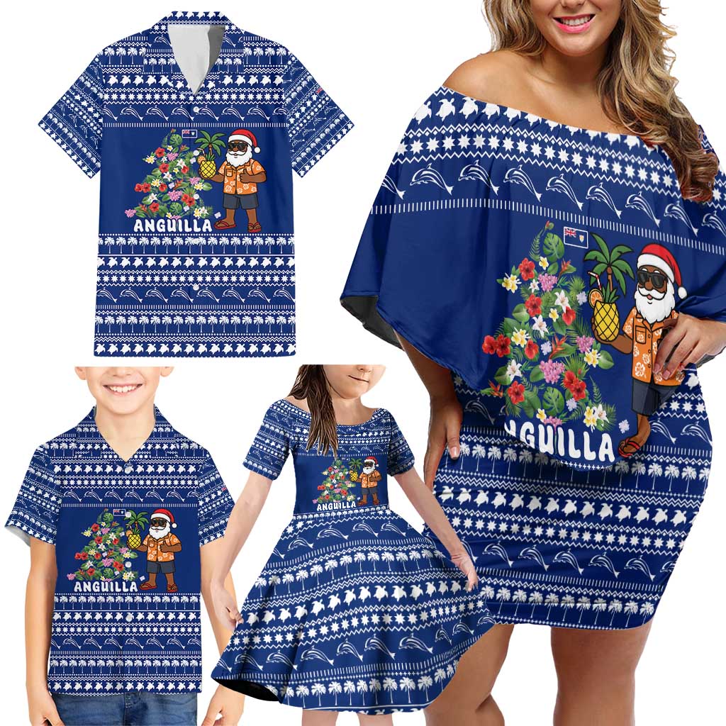 Anguilla Christmas Family Matching Off Shoulder Short Dress and Hawaiian Shirt with Santa Pineapple Floral Tree Island Crest and Tropical Pattern Design - Wonder Print Shop