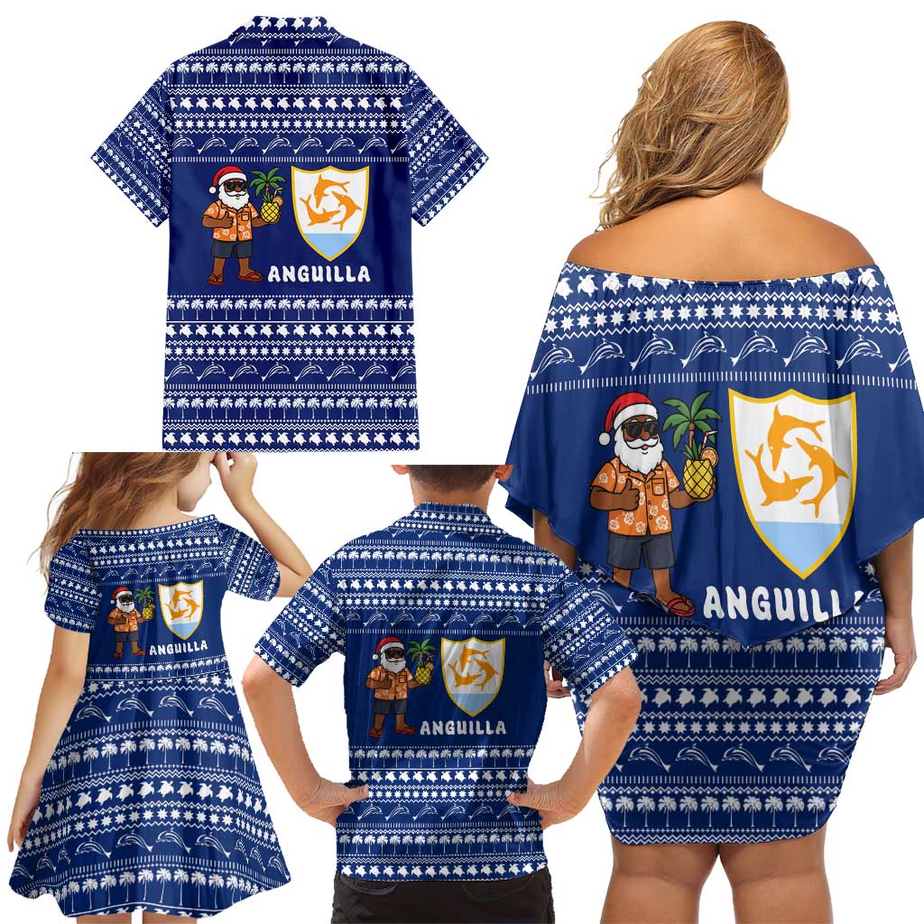 Anguilla Christmas Family Matching Off Shoulder Short Dress and Hawaiian Shirt with Santa Pineapple Floral Tree Island Crest and Tropical Pattern Design - Wonder Print Shop
