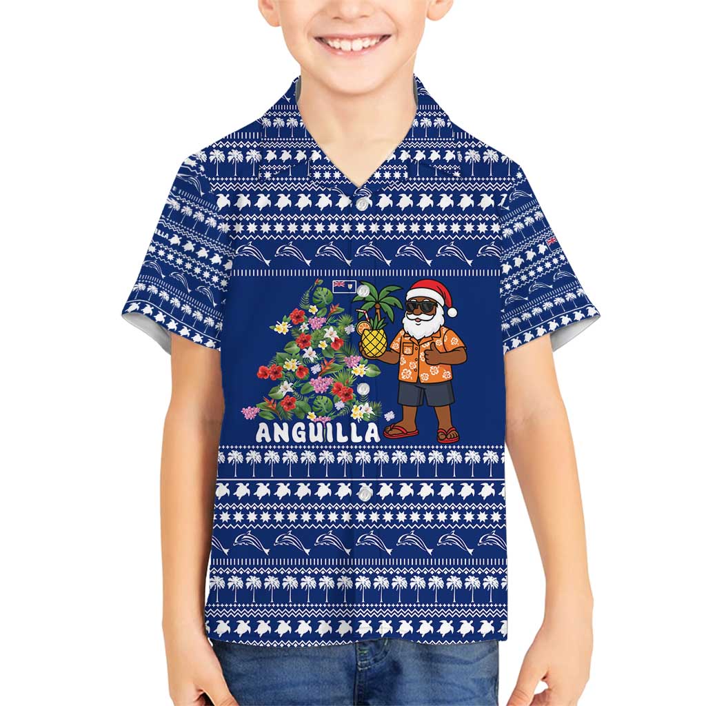 Anguilla Christmas Family Matching Off Shoulder Short Dress and Hawaiian Shirt with Santa Pineapple Floral Tree Island Crest and Tropical Pattern Design - Wonder Print Shop