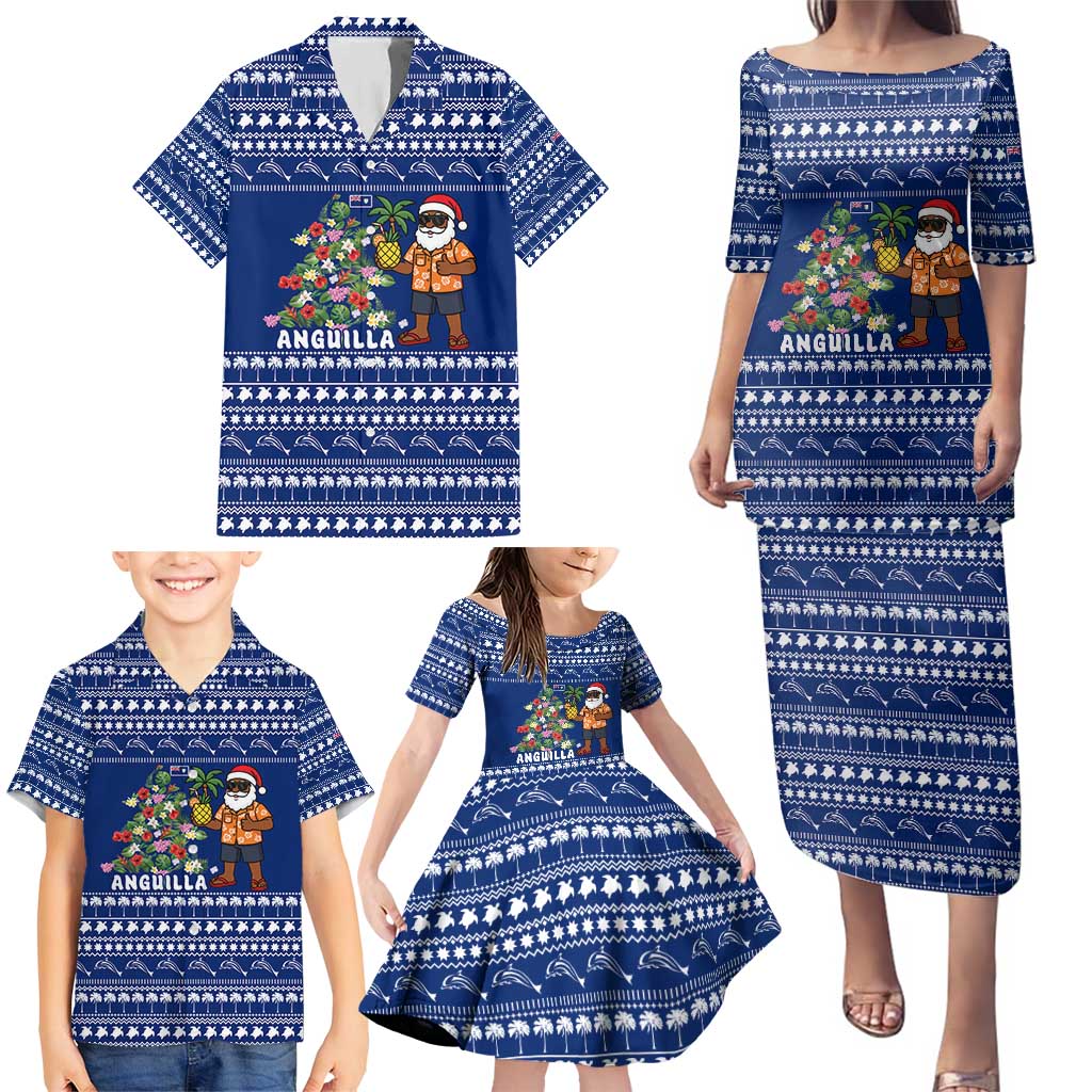 Anguilla Christmas Family Matching Puletasi and Hawaiian Shirt with Santa Pineapple Floral Tree Island Crest and Tropical Pattern Design - Wonder Print Shop