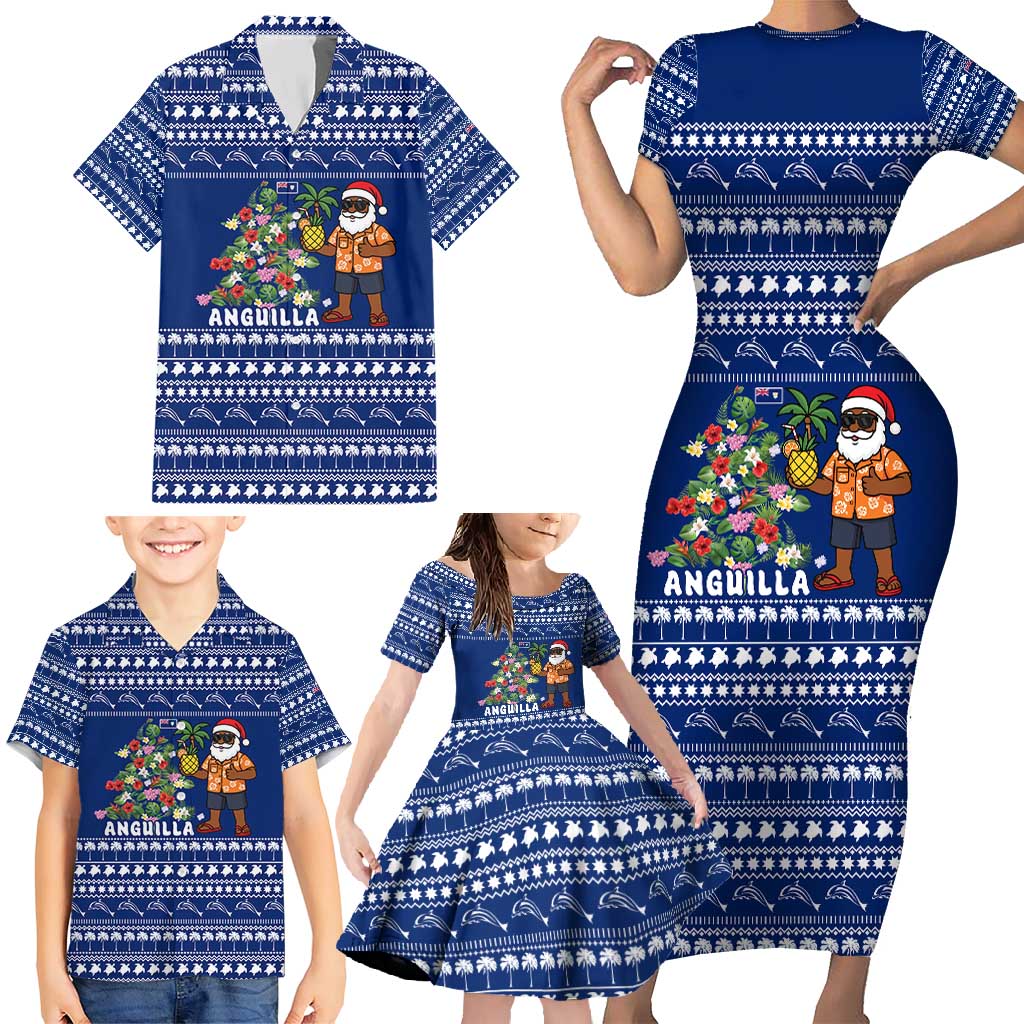 Anguilla Christmas Family Matching Short Sleeve Bodycon Dress and Hawaiian Shirt with Santa Pineapple Floral Tree Island Crest and Tropical Pattern Design - Wonder Print Shop