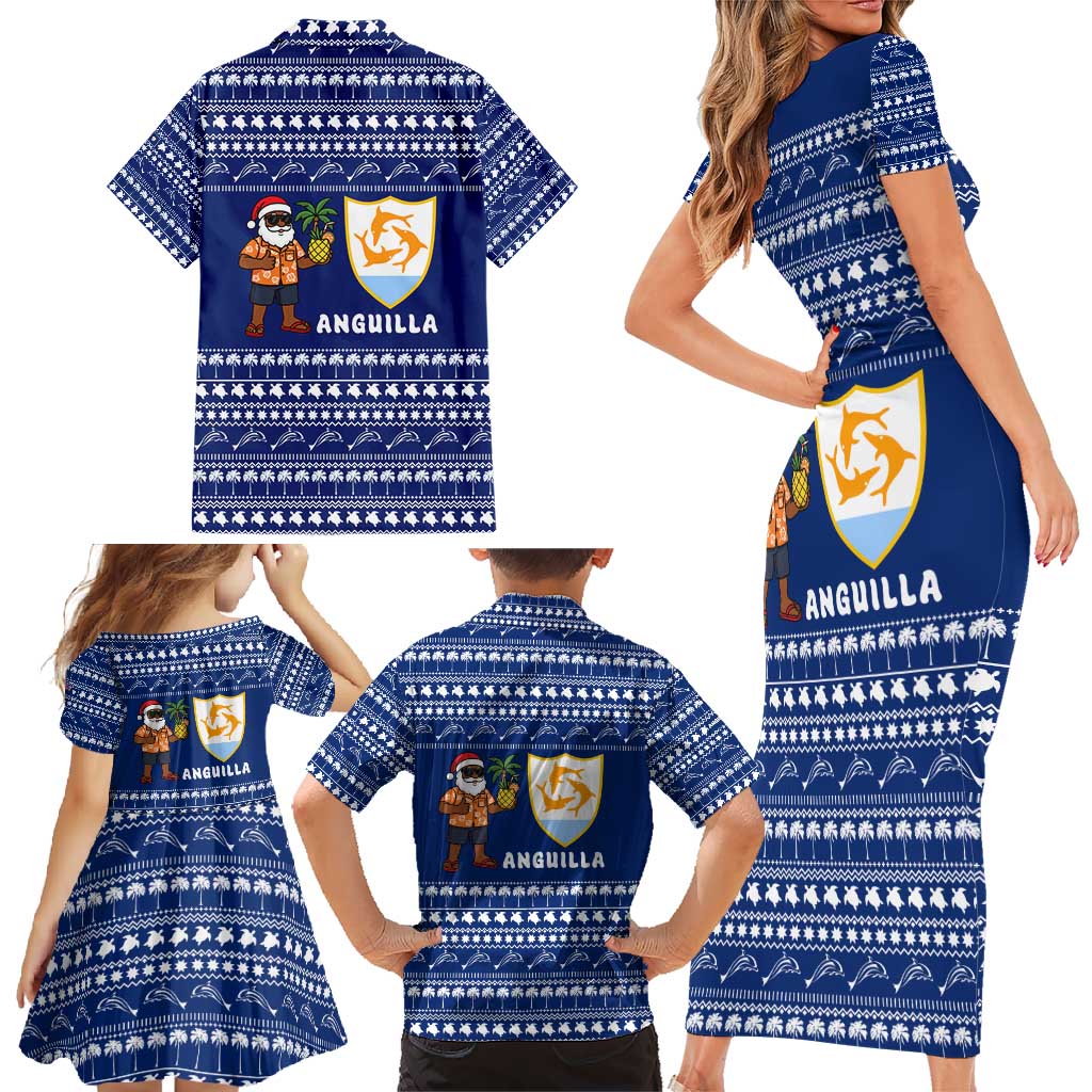 Anguilla Christmas Family Matching Short Sleeve Bodycon Dress and Hawaiian Shirt with Santa Pineapple Floral Tree Island Crest and Tropical Pattern Design - Wonder Print Shop
