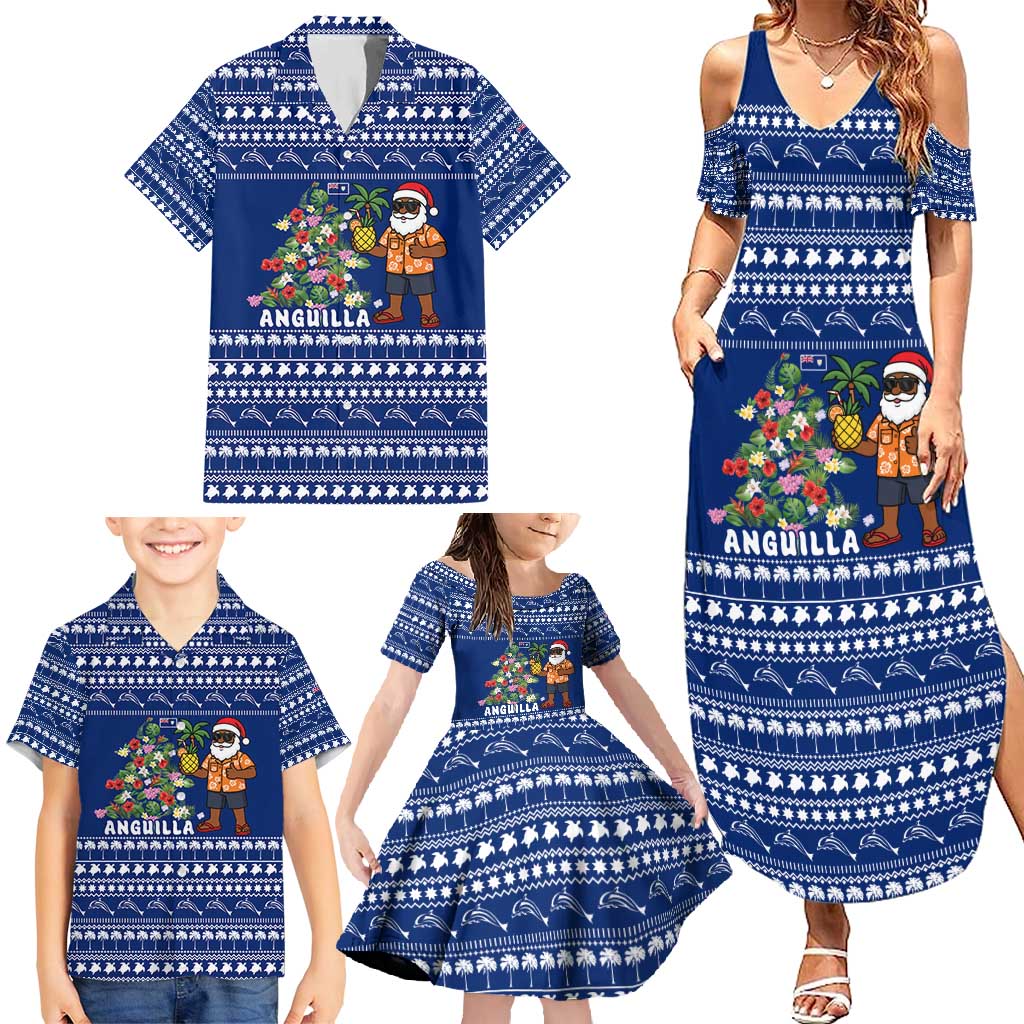 Anguilla Christmas Family Matching Summer Maxi Dress and Hawaiian Shirt with Santa Pineapple Floral Tree Island Crest and Tropical Pattern Design - Wonder Print Shop