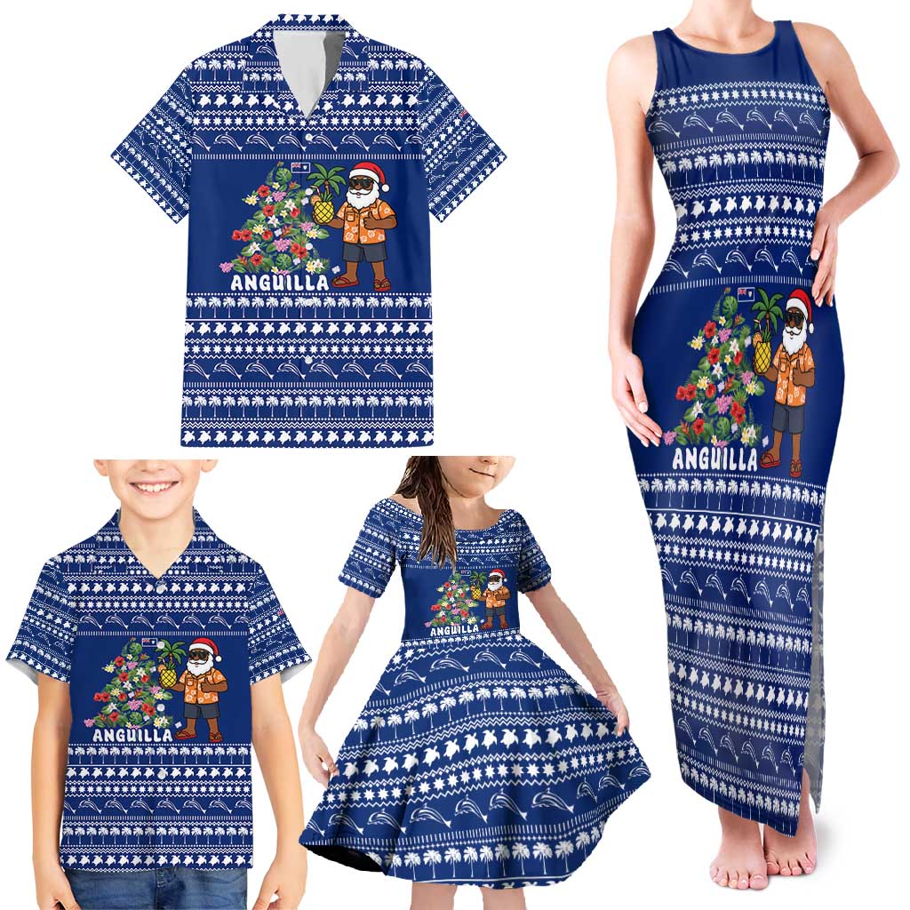 Anguilla Christmas Family Matching Tank Maxi Dress and Hawaiian Shirt with Santa Pineapple Floral Tree Island Crest and Tropical Pattern Design - Wonder Print Shop