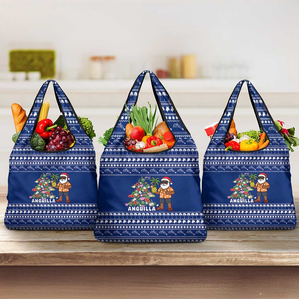 Anguilla Christmas Grocery Bag with Santa Pineapple Floral Tree Island Crest and Tropical Pattern Design - Wonder Print Shop
