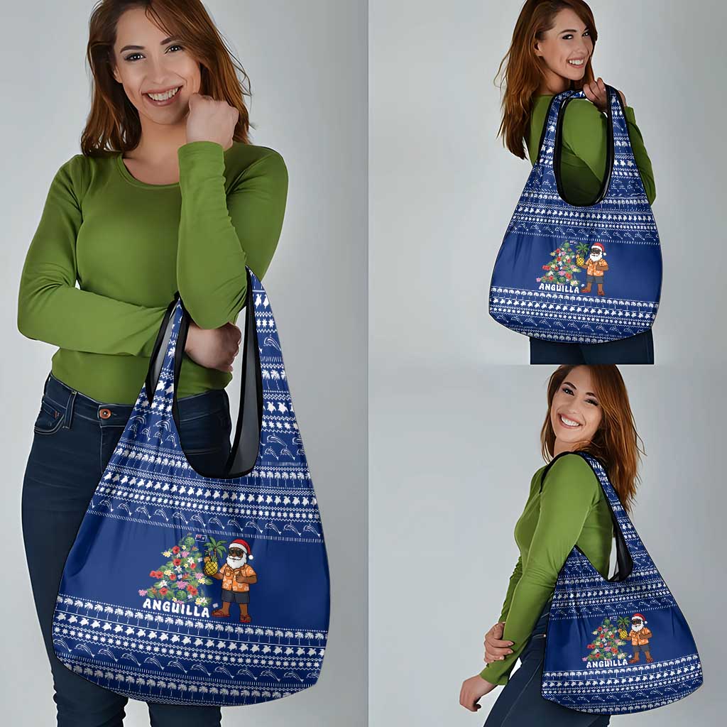 Anguilla Christmas Grocery Bag with Santa Pineapple Floral Tree Island Crest and Tropical Pattern Design - Wonder Print Shop