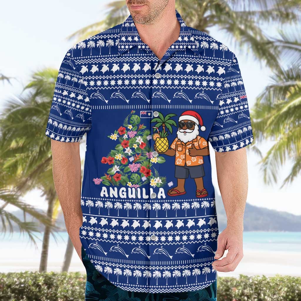 Anguilla Christmas Hawaiian Shirt with Santa Pineapple Floral Tree Island Crest and Tropical Pattern Design - Wonder Print Shop