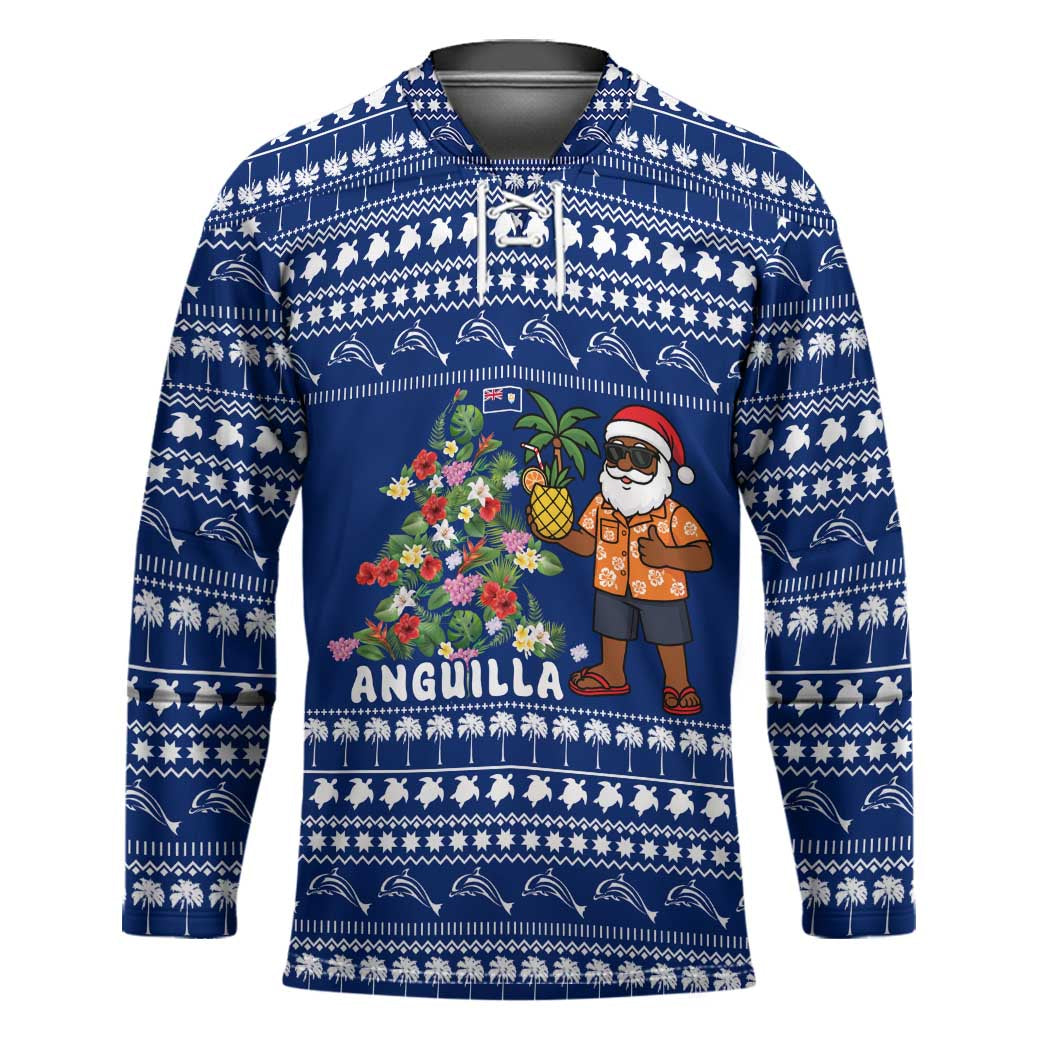Anguilla Christmas Hockey Jersey with Santa Pineapple Floral Tree Island Crest and Tropical Pattern Design - Wonder Print Shop