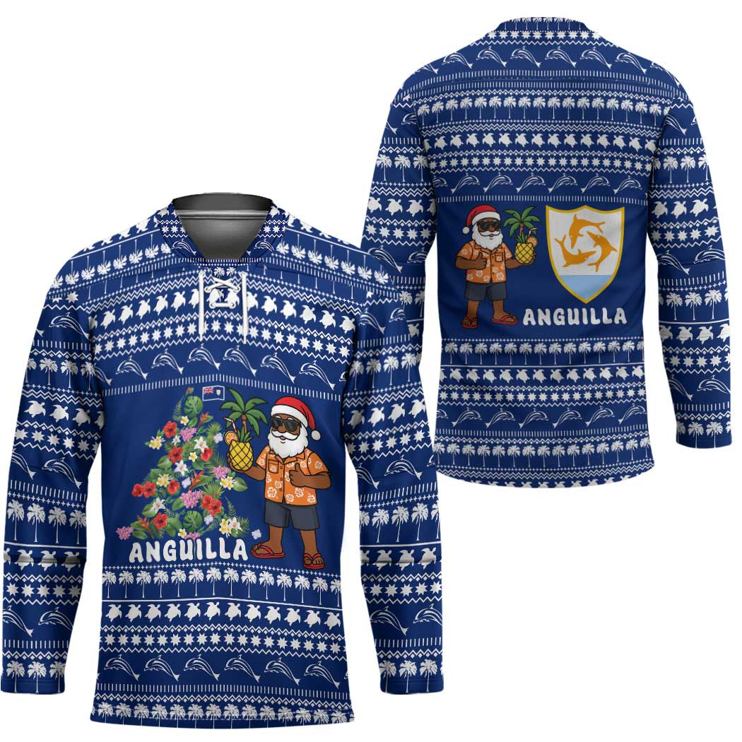 Anguilla Christmas Hockey Jersey with Santa Pineapple Floral Tree Island Crest and Tropical Pattern Design - Wonder Print Shop