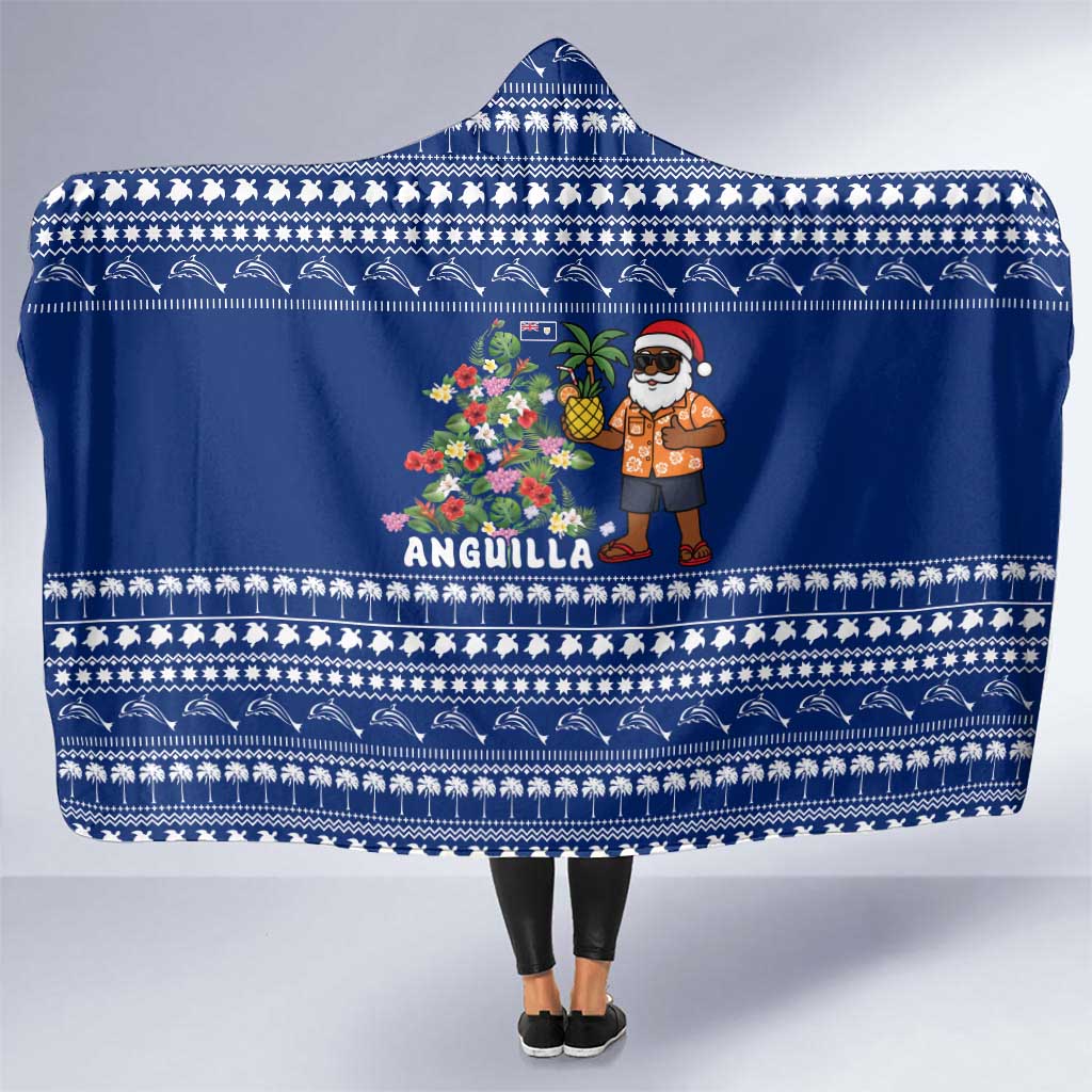 Anguilla Christmas Hooded Blanket with Santa Pineapple Floral Tree Island Crest and Tropical Pattern Design - Wonder Print Shop