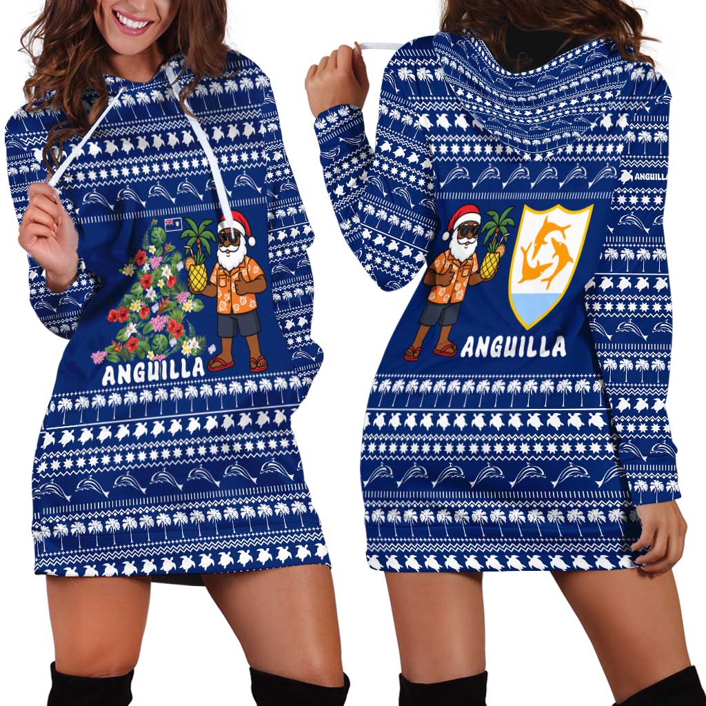 Anguilla Christmas Hoodie Dress with Santa Pineapple Floral Tree Island Crest and Tropical Pattern Design - Wonder Print Shop