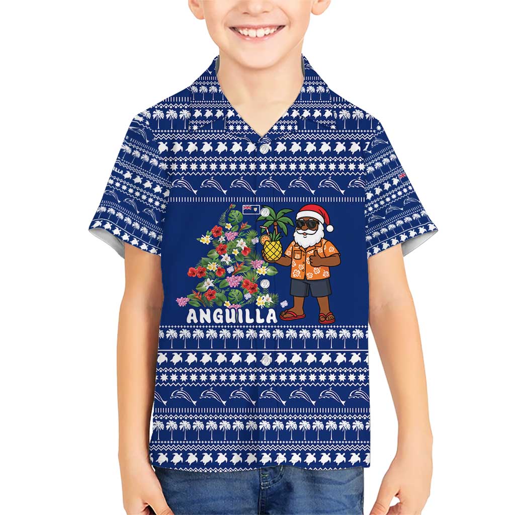 Anguilla Christmas Kid Hawaiian Shirt with Santa Pineapple Floral Tree Island Crest and Tropical Pattern Design - Wonder Print Shop