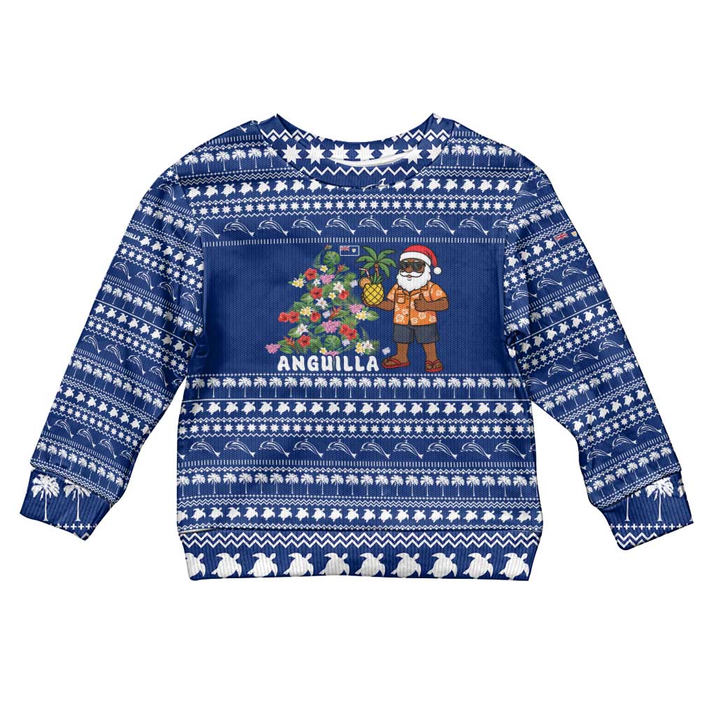 Anguilla Christmas Kid Ugly Christmas Sweater with Santa Pineapple Floral Tree Island Crest and Tropical Pattern Design - Wonder Print Shop