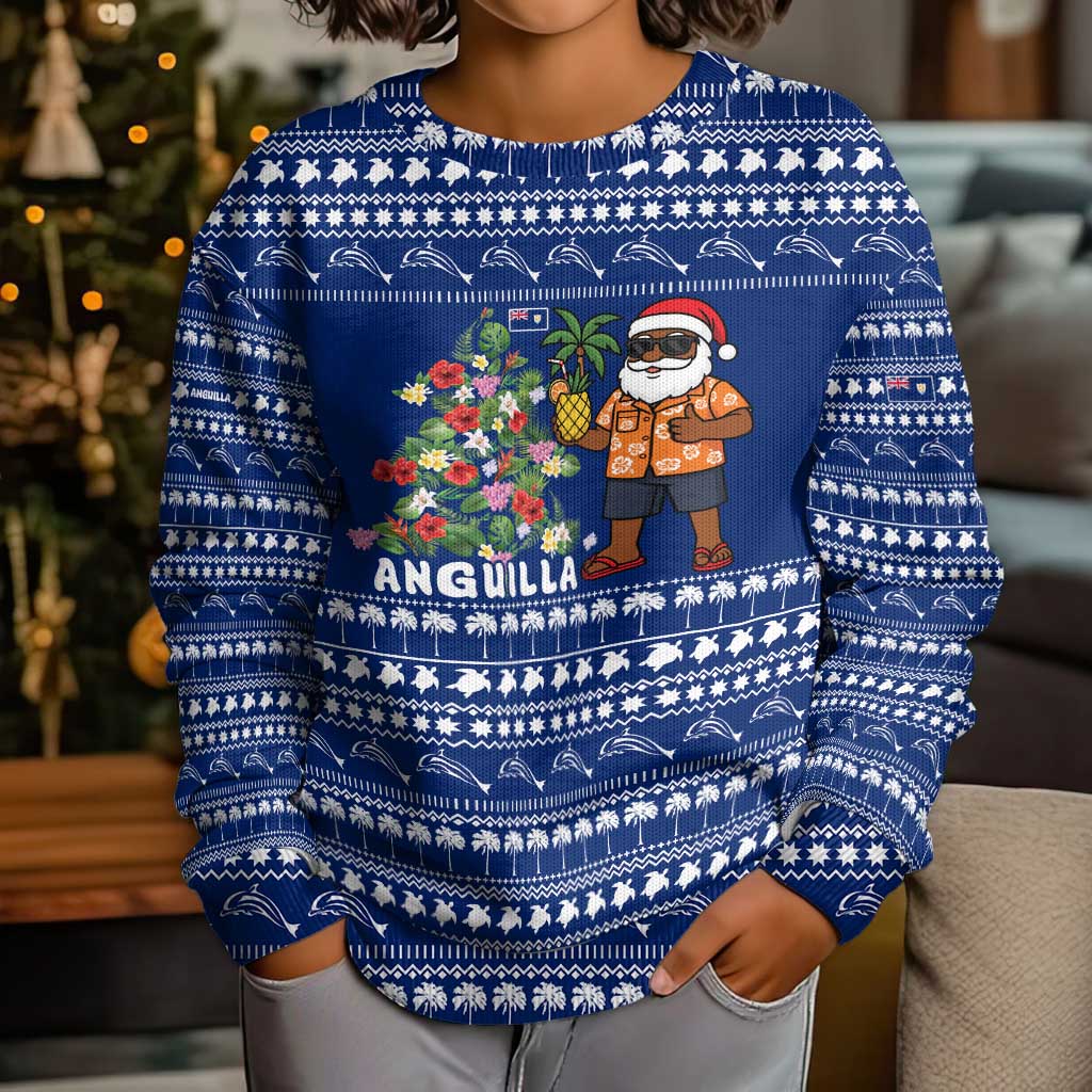 Anguilla Christmas Kid Ugly Christmas Sweater with Santa Pineapple Floral Tree Island Crest and Tropical Pattern Design - Wonder Print Shop