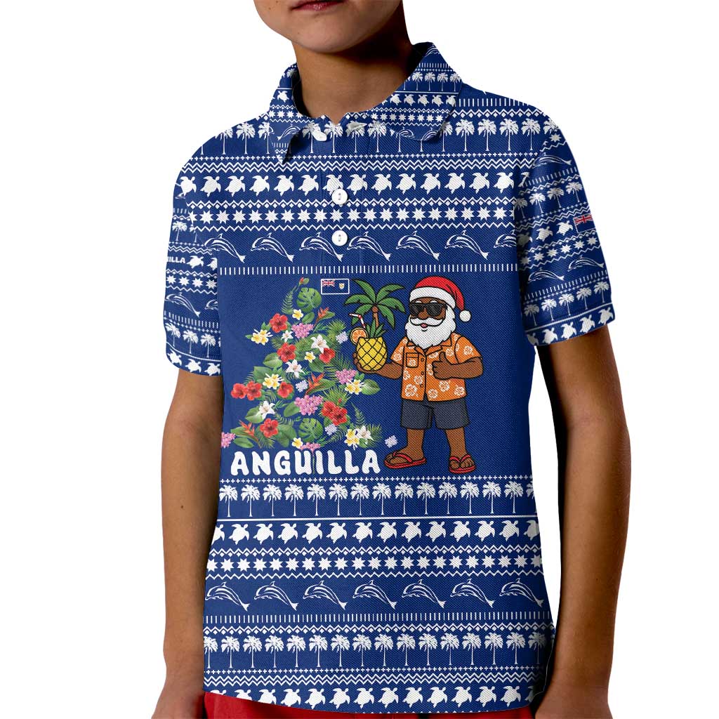 Anguilla Christmas Kid Polo Shirt with Santa Pineapple Floral Tree Island Crest and Tropical Pattern Design - Wonder Print Shop