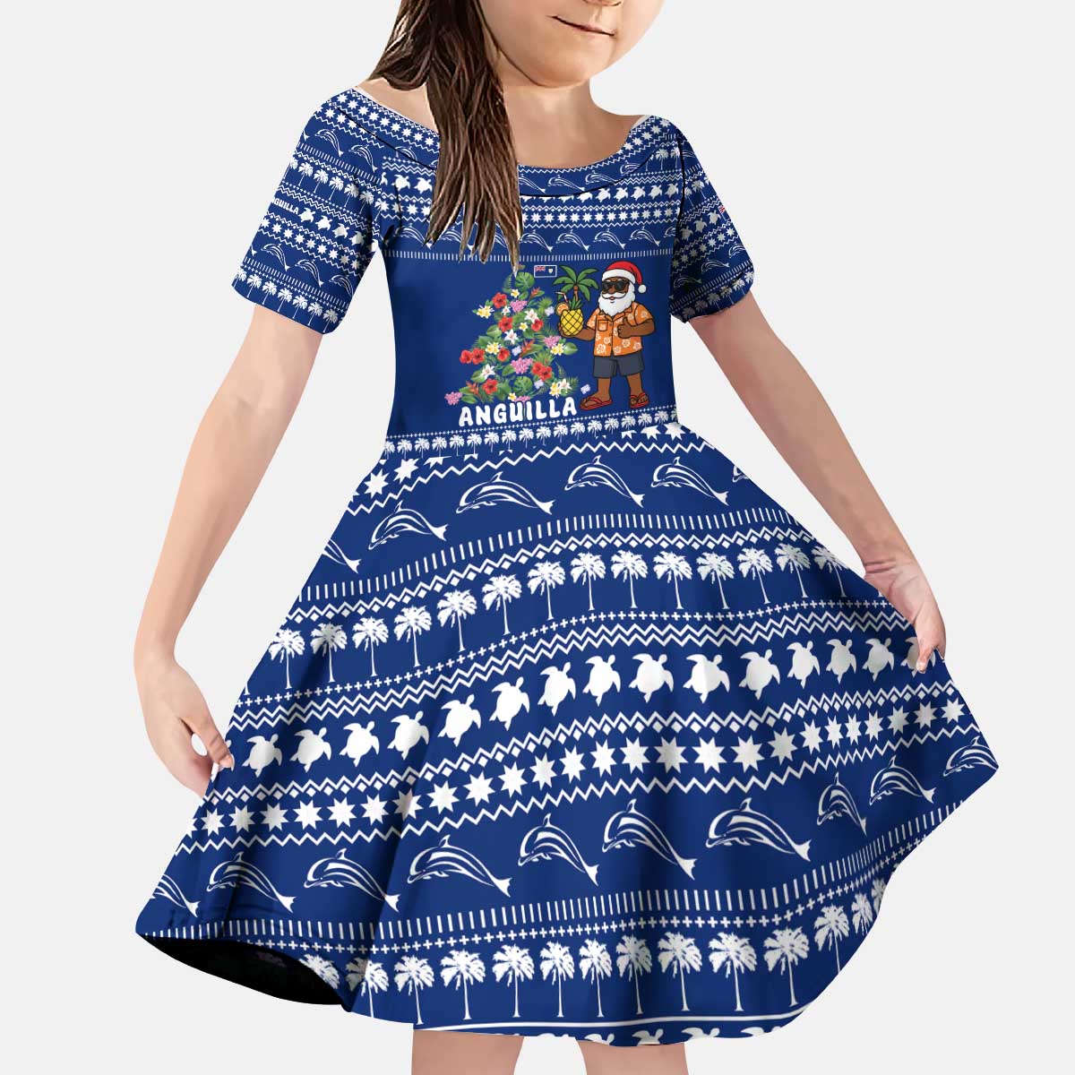 Anguilla Christmas Kid Short Sleeve Dress with Santa Pineapple Floral Tree Island Crest and Tropical Pattern Design - Wonder Print Shop