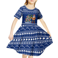 Anguilla Christmas Kid Short Sleeve Dress with Santa Pineapple Floral Tree Island Crest and Tropical Pattern Design - Wonder Print Shop