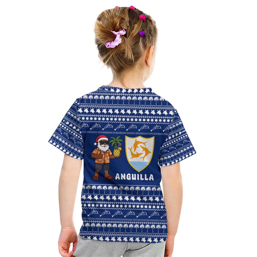 Anguilla Christmas Kid T Shirt with Santa Pineapple Floral Tree Island Crest and Tropical Pattern Design - Wonder Print Shop