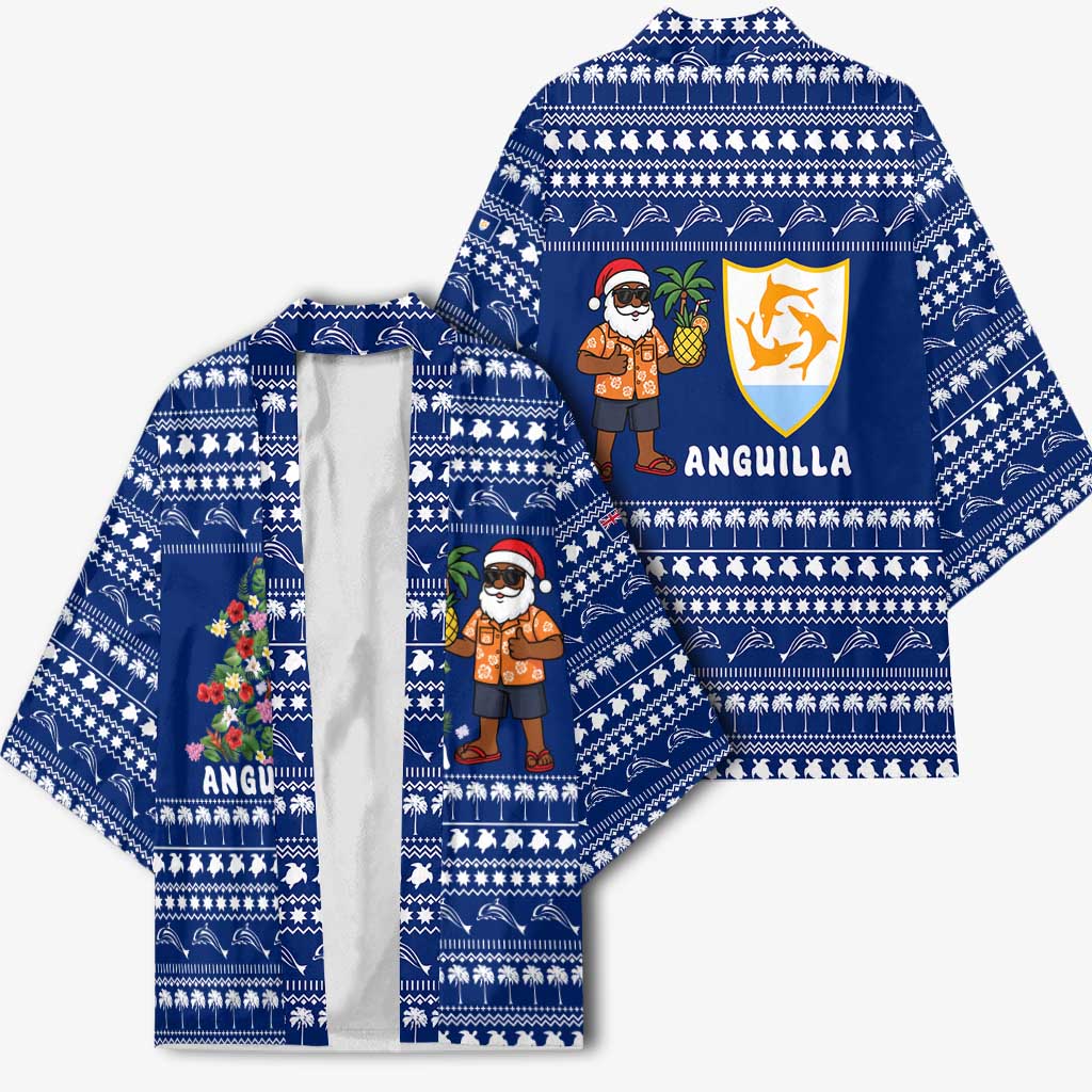 Anguilla Christmas Kimono with Santa Pineapple Floral Tree Island Crest and Tropical Pattern Design - Wonder Print Shop