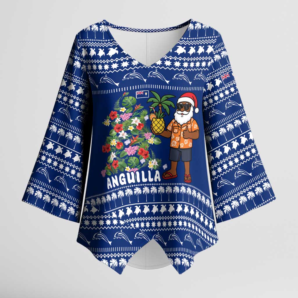 Anguilla Christmas Kimono Sleeve Blouse with Santa Pineapple Floral Tree Island Crest and Tropical Pattern Design - Wonder Print Shop
