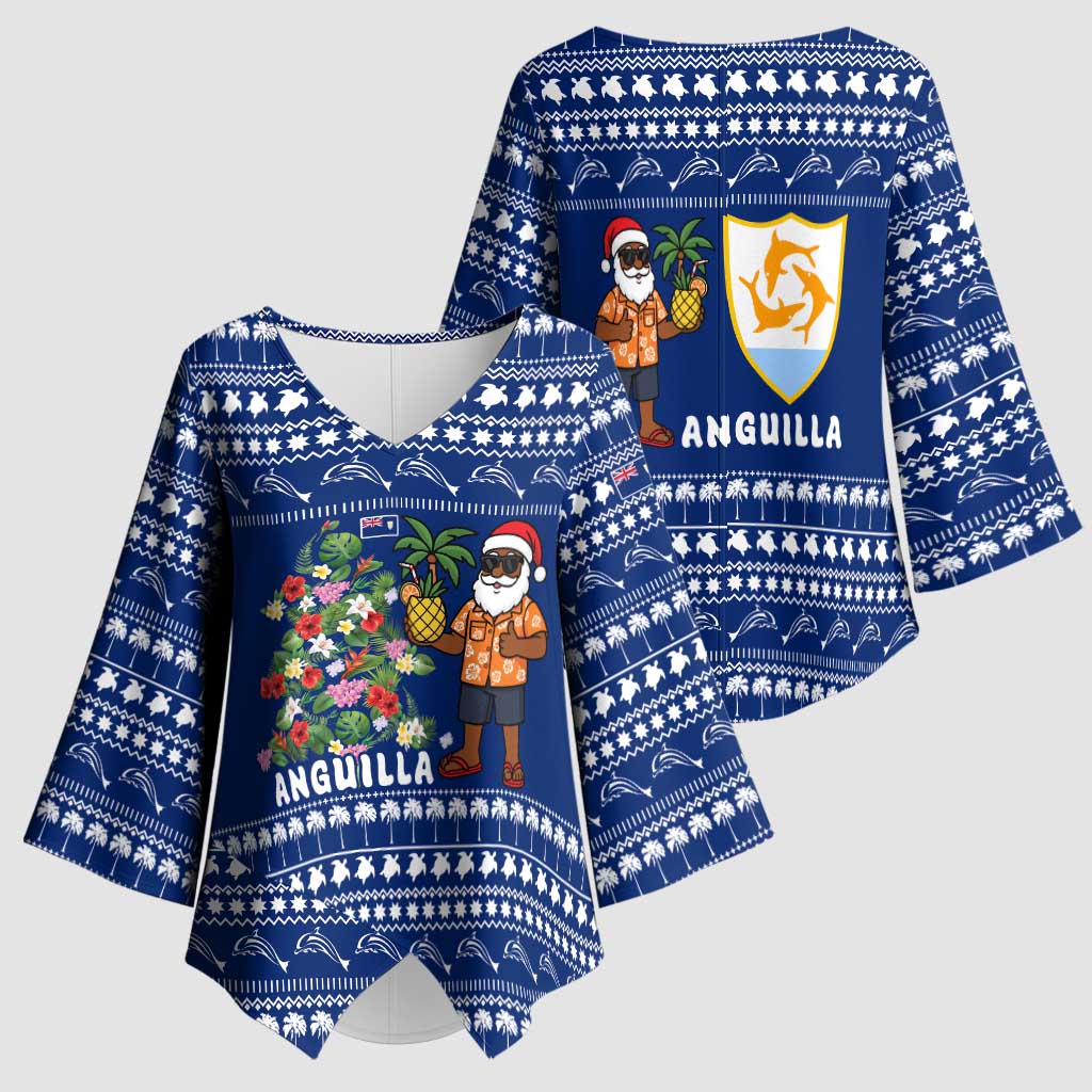 Anguilla Christmas Kimono Sleeve Blouse with Santa Pineapple Floral Tree Island Crest and Tropical Pattern Design - Wonder Print Shop