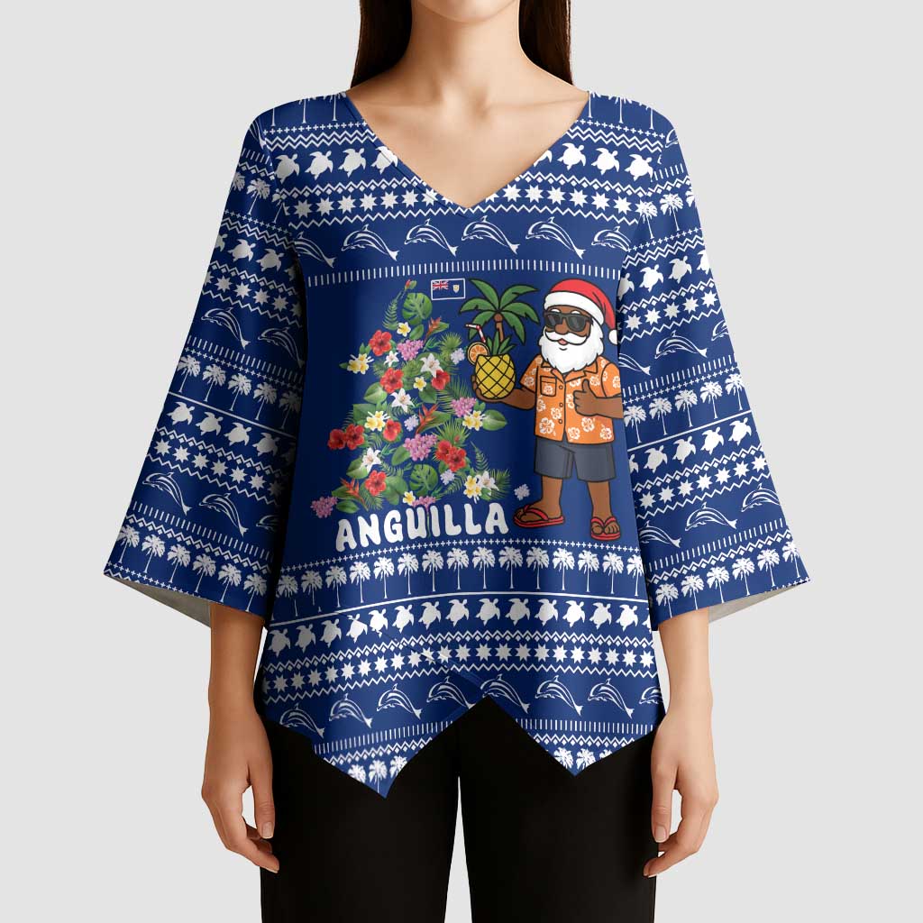 Anguilla Christmas Kimono Sleeve Blouse with Santa Pineapple Floral Tree Island Crest and Tropical Pattern Design - Wonder Print Shop