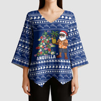 Anguilla Christmas Kimono Sleeve Blouse with Santa Pineapple Floral Tree Island Crest and Tropical Pattern Design - Wonder Print Shop