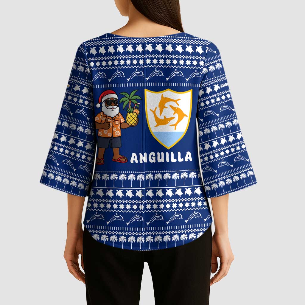 Anguilla Christmas Kimono Sleeve Blouse with Santa Pineapple Floral Tree Island Crest and Tropical Pattern Design - Wonder Print Shop