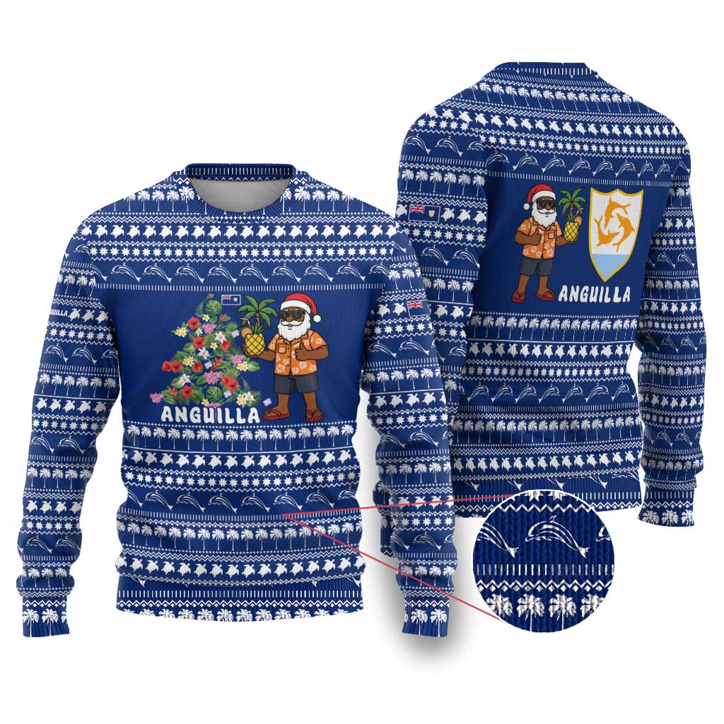 Anguilla Christmas Ugly Christmas Sweater with Santa Pineapple Floral Tree Island Crest and Tropical Pattern Design - Wonder Print Shop