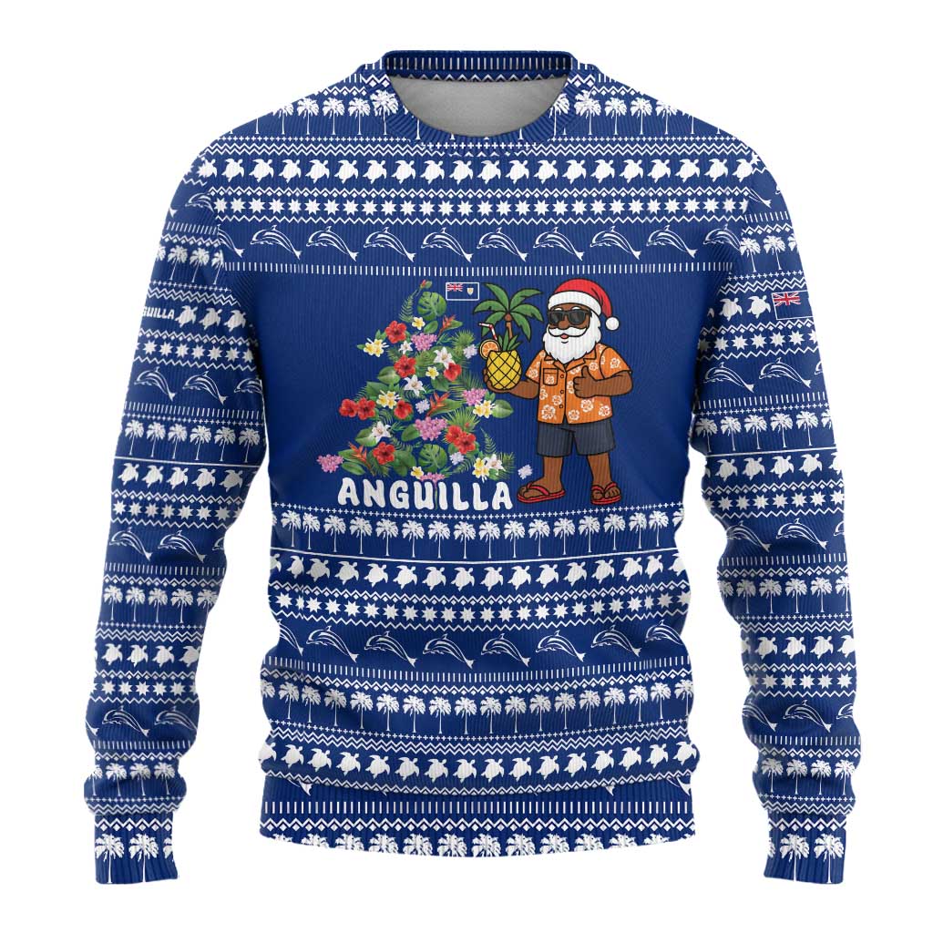 Anguilla Christmas Ugly Christmas Sweater with Santa Pineapple Floral Tree Island Crest and Tropical Pattern Design - Wonder Print Shop