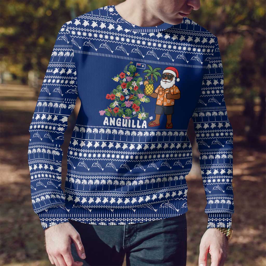 Anguilla Christmas Ugly Christmas Sweater with Santa Pineapple Floral Tree Island Crest and Tropical Pattern Design - Wonder Print Shop