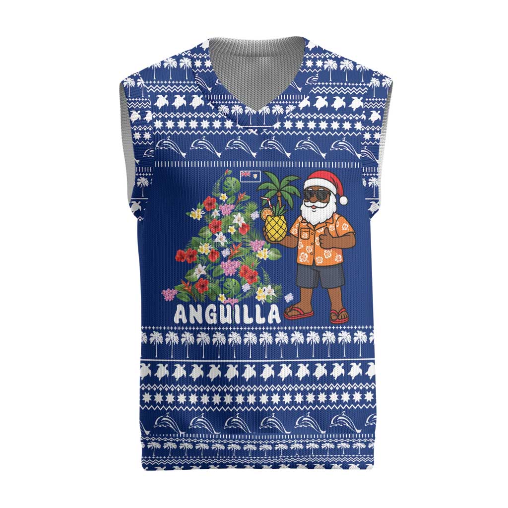 Anguilla Christmas Knitted V-Neck Vest with Santa Pineapple Floral Tree Island Crest and Tropical Pattern Design - Wonder Print Shop