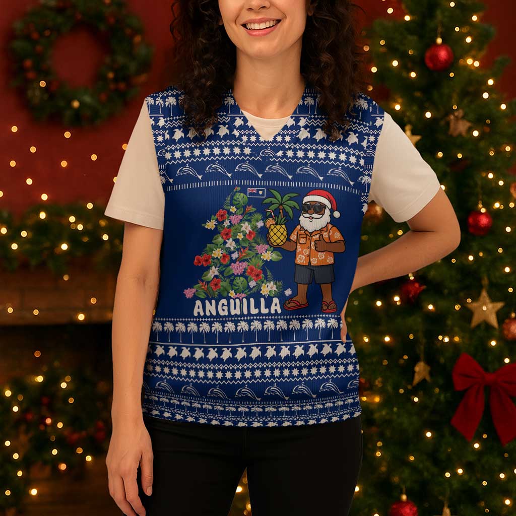 Anguilla Christmas Knitted V-Neck Vest with Santa Pineapple Floral Tree Island Crest and Tropical Pattern Design - Wonder Print Shop