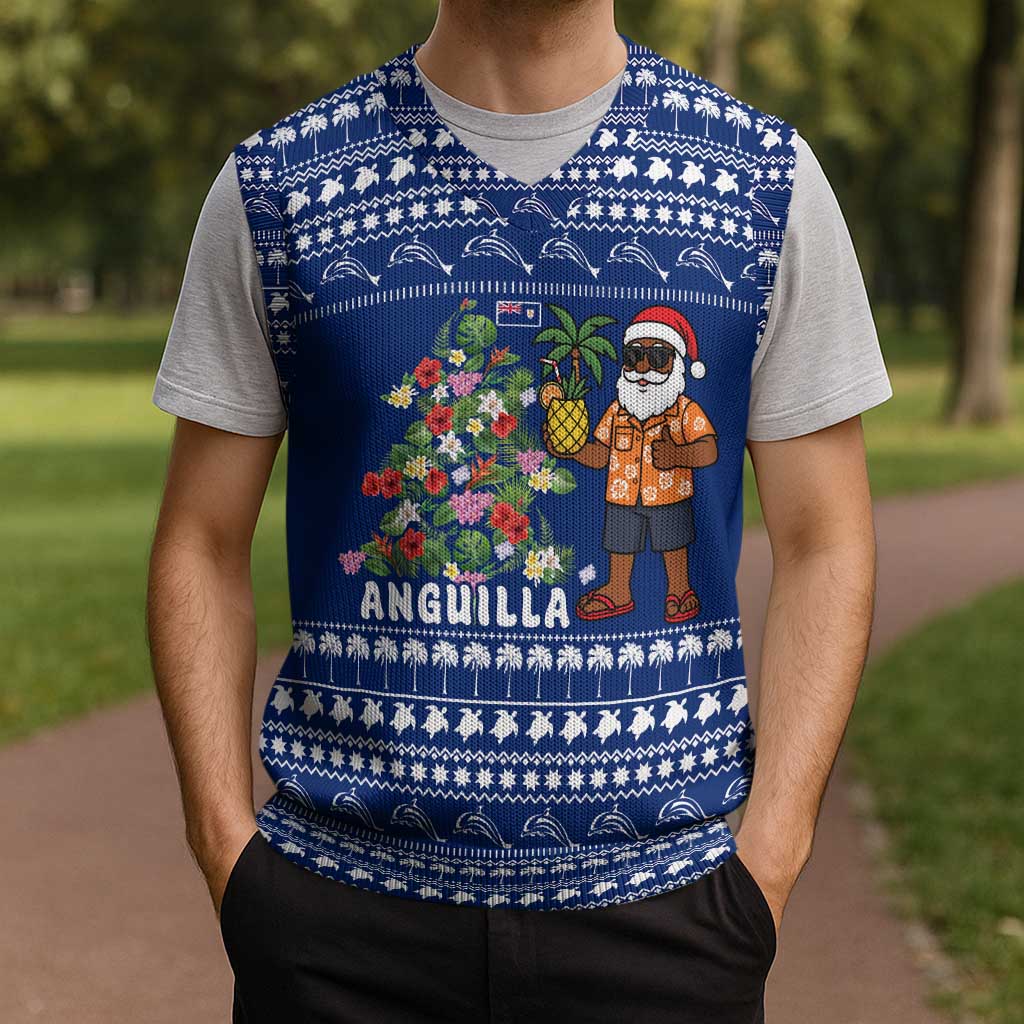 Anguilla Christmas Knitted V-Neck Vest with Santa Pineapple Floral Tree Island Crest and Tropical Pattern Design - Wonder Print Shop