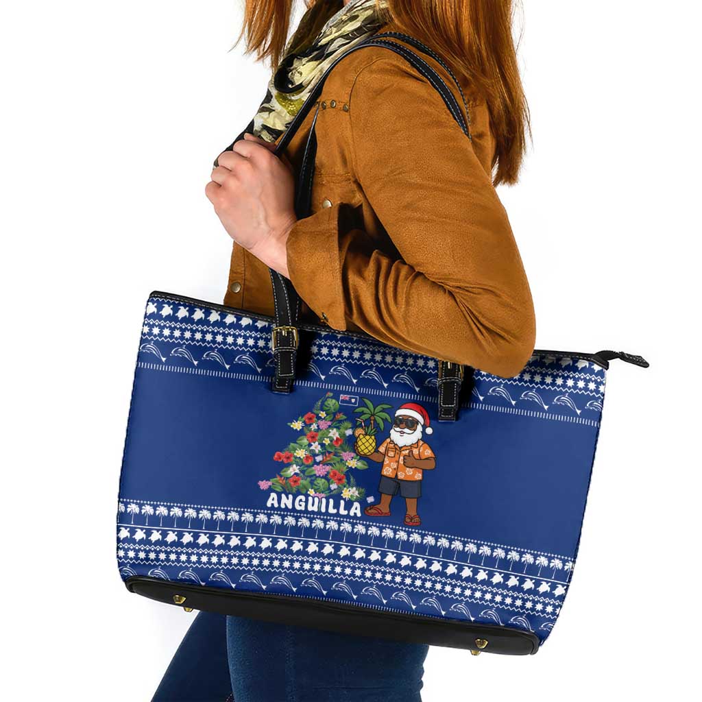 Anguilla Christmas Leather Tote Bag with Santa Pineapple Floral Tree Island Crest and Tropical Pattern Design - Wonder Print Shop