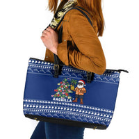 Anguilla Christmas Leather Tote Bag with Santa Pineapple Floral Tree Island Crest and Tropical Pattern Design - Wonder Print Shop