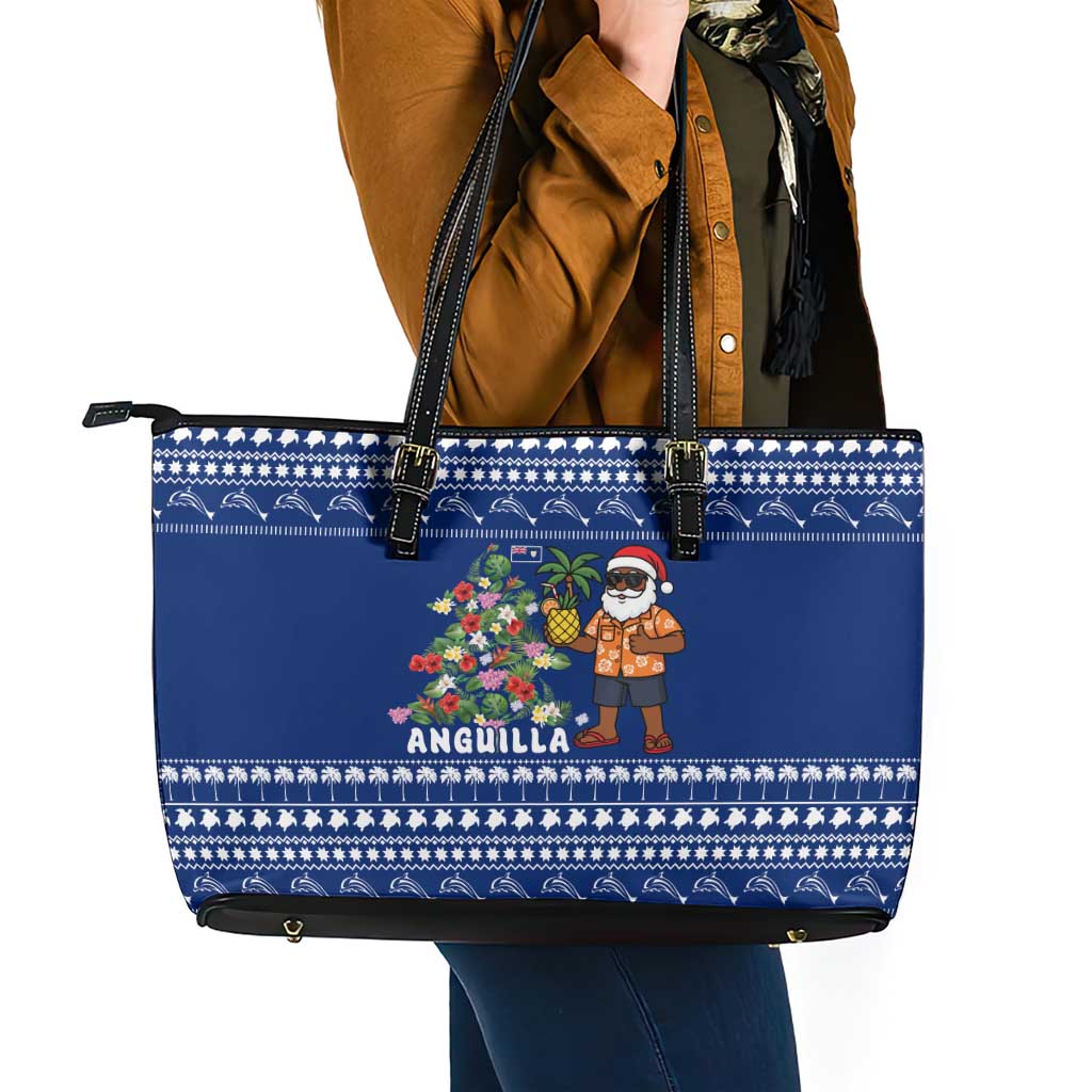 Anguilla Christmas Leather Tote Bag with Santa Pineapple Floral Tree Island Crest and Tropical Pattern Design - Wonder Print Shop