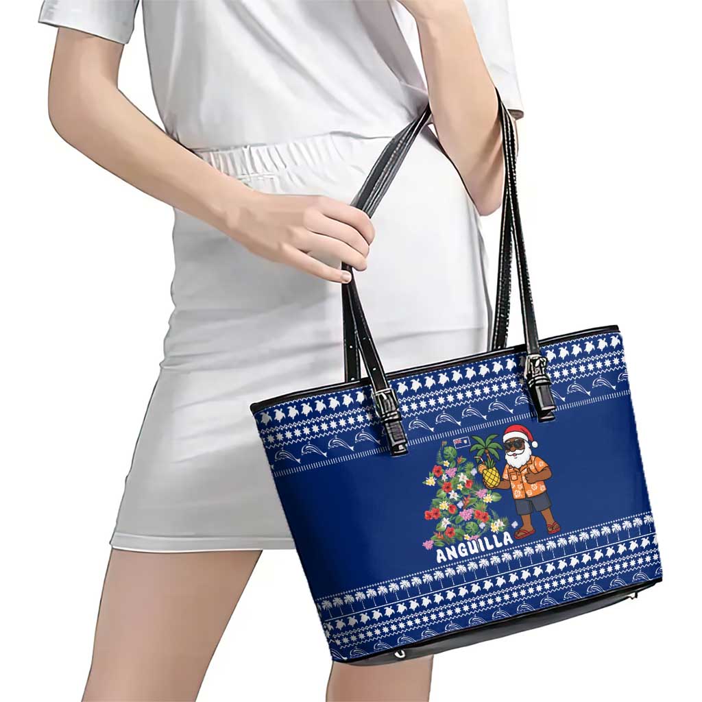 Anguilla Christmas Leather Tote Bag with Santa Pineapple Floral Tree Island Crest and Tropical Pattern Design - Wonder Print Shop