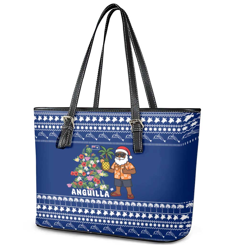 Anguilla Christmas Leather Tote Bag with Santa Pineapple Floral Tree Island Crest and Tropical Pattern Design - Wonder Print Shop