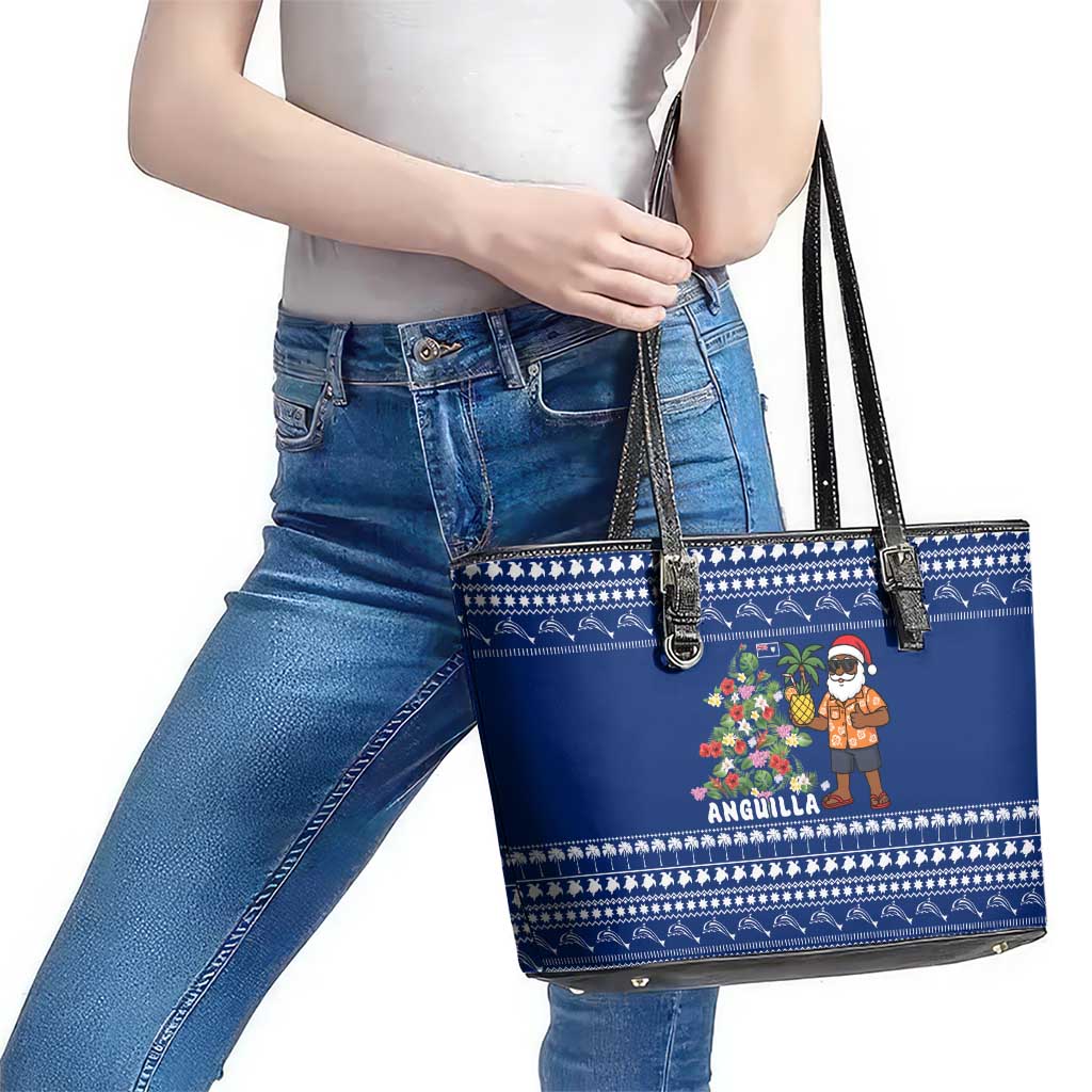 Anguilla Christmas Leather Tote Bag with Santa Pineapple Floral Tree Island Crest and Tropical Pattern Design - Wonder Print Shop