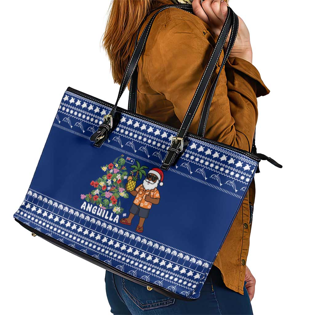 Anguilla Christmas Leather Tote Bag with Santa Pineapple Floral Tree Island Crest and Tropical Pattern Design - Wonder Print Shop