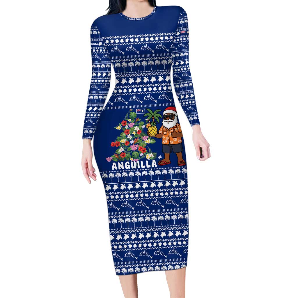 Anguilla Christmas Long Sleeve Bodycon Dress with Santa Pineapple Floral Tree Island Crest and Tropical Pattern Design - Wonder Print Shop