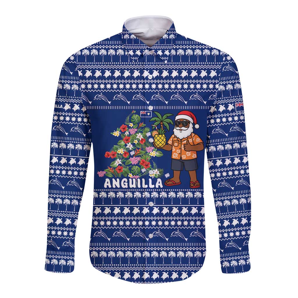 Anguilla Christmas Long Sleeve Button Shirt with Santa Pineapple Floral Tree Island Crest and Tropical Pattern Design - Wonder Print Shop