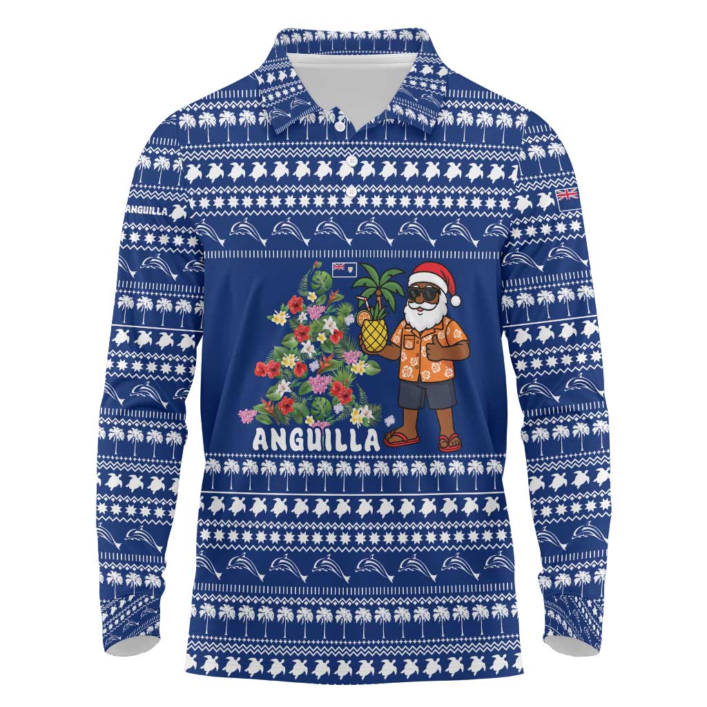Anguilla Christmas Long Sleeve Polo Shirt with Santa Pineapple Floral Tree Island Crest and Tropical Pattern Design - Wonder Print Shop