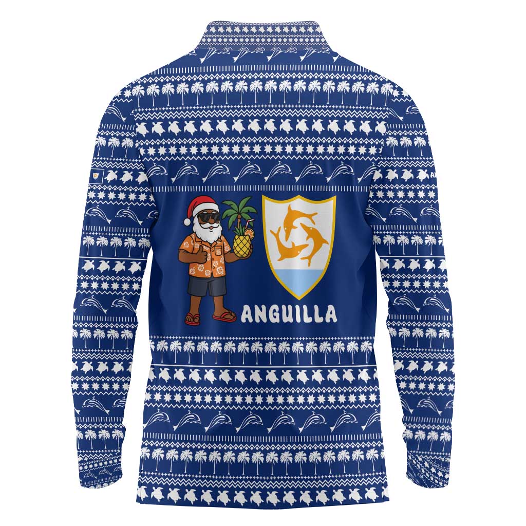 Anguilla Christmas Long Sleeve Polo Shirt with Santa Pineapple Floral Tree Island Crest and Tropical Pattern Design - Wonder Print Shop