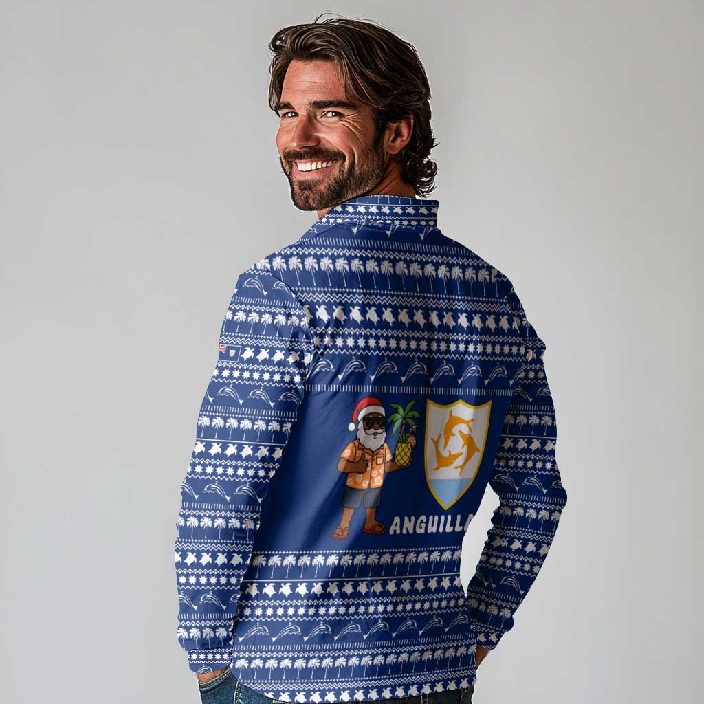 Anguilla Christmas Long Sleeve Polo Shirt with Santa Pineapple Floral Tree Island Crest and Tropical Pattern Design - Wonder Print Shop