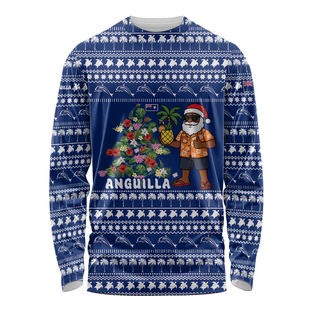 Anguilla Christmas Long Sleeve Shirt with Santa Pineapple Floral Tree Island Crest and Tropical Pattern Design - Wonder Print Shop