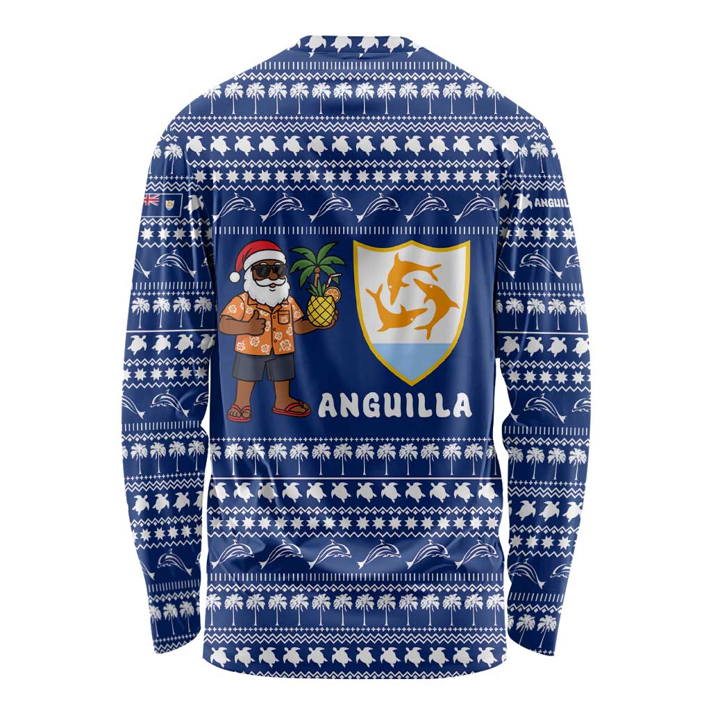 Anguilla Christmas Long Sleeve Shirt with Santa Pineapple Floral Tree Island Crest and Tropical Pattern Design - Wonder Print Shop